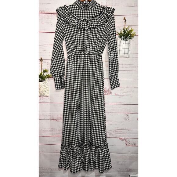 Nasty Gal Black & White Gingham Prairie Plaid Maxi Smock Dress | Women's US 2 - Picture 2 of 11